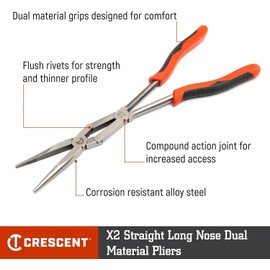 Crescent X2 Straight & Bent Long Nose, Dual-Material Plier Set - Premium Basic Tools - PSX204C - 13", Red & Black