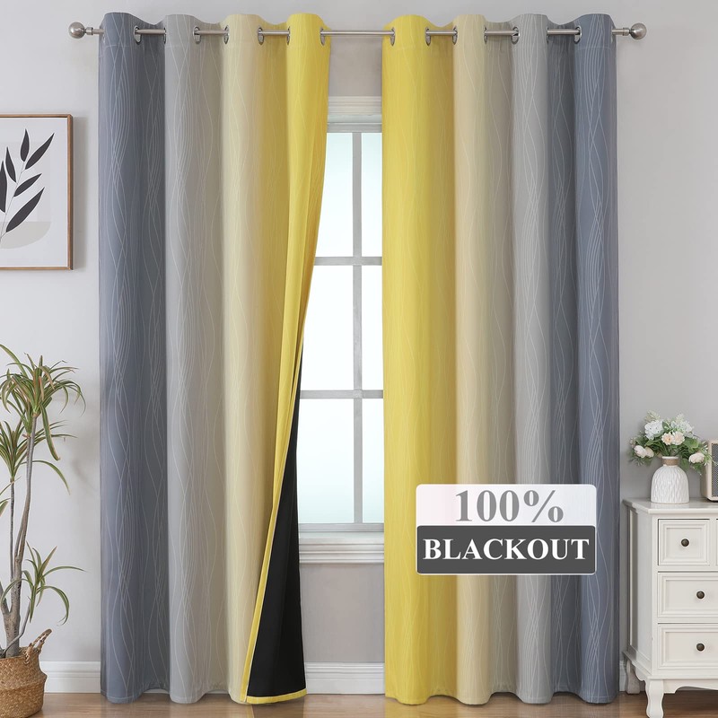 Estelar Textiler Yellow and Gray Blackout Curtains 96 Inches Long,