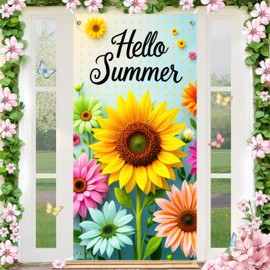 BlissYard Hello Summer Door Cover for Door Decorations Sunflower Door Banner Backdrop Summer Seasonal Porch Front Photo Background for Outdoor Decor Supplies 71 x 35 Inch