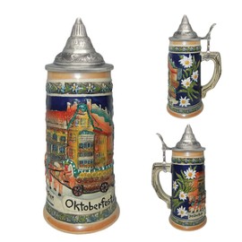 Essence of Europe Gifts E.H.G Oktoberfest Stein Ceramic Tankard Munich Germany Stein - Edelweiss Flowers With Lid, 0.75 Liter