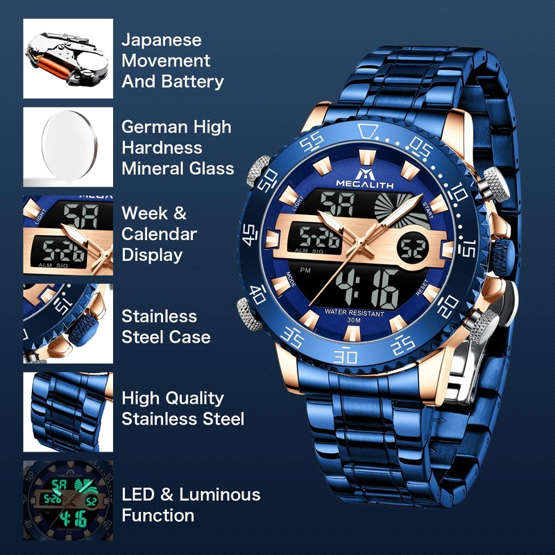 MEGALITH Watches for Men Military Digital: Blue Stainless Steel Waterproof