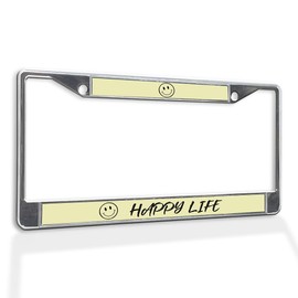 Fastasticdeals Metal Insert License Plate Frame Happy Life Smiling Face Weatherproof Car Accessories Chrome 2 Holes Solid Insert