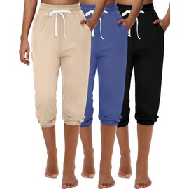 Ficerd 3 Pcs Women's Capri Sweatpants Joggers Casual Sports Cropped Lounge Pants High Waisted Athletic with Pockets (Black, Denim Blue, Apricot,Large)