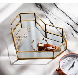 HomDSim Heart-Shaped Vintage Gold Mirror Glass Vanity Tray,Ornate Geometric and Brass Plated Display Storage Organizer for Makeup Brushes/Lipstick/Skincare/Perfumes/Beauty Room/Bathroom Accessories