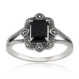 Gemondo Sterling Silver Art Deco 1.20ct Black Spinel & Marcasite Ring