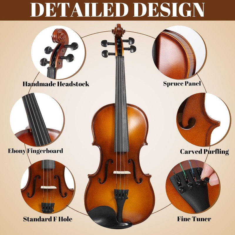 Kmise Violin 4/4 Full Set, High Density Ebony Violins, Glossy