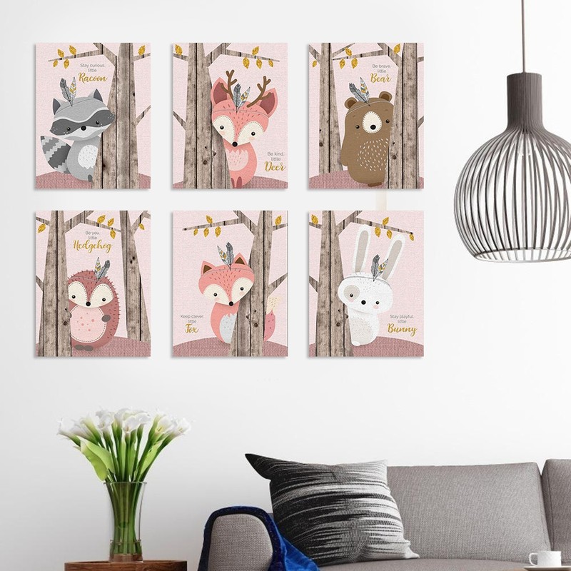 6Pcs 30x21cm Cute Cartoon Animal Pattern Canvas Painting Wall Art