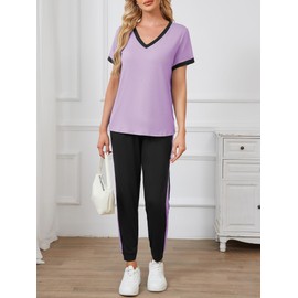 Famulily Women's Tracksuits Sets V Neck 2 Piece Outfits Ladies 2025 Summer Color Block Jogger Set with Pockets Purple L