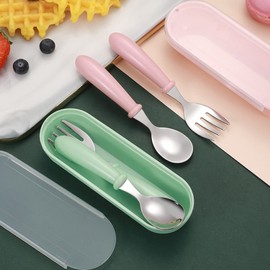 2 Piece Baby Tableware Set, Stainless Steel Portable Baby Spoon and Fork Set with Storage Box, Cute Baby Cutlery Set, Self-Feeding Dining Table Set for 6 People (Pink, One Size)