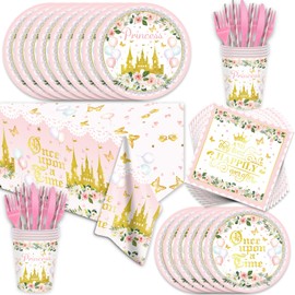 141Pcs Princess Birthday Party Decorations Castle Themed Tableware - Princess Party Plates and Napkins Forks Cups Cutlery Tablecloch Rose Gold Floral for Girls Baby Shower Birthday Decorations