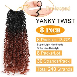 Aksice 8 Inch 8 Packs Yanky Twist Crochet Hair for Women Pre-looped Mini Twist Hair Bohemian Passion Twist Crochet Hair Boho Crochet Braids Synthetic (8 Inch 8 Packs,OT350#)
