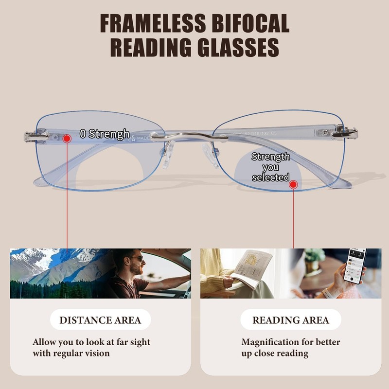 ZESAKER Rimless Bifocal Reading Glasses for Women Frameless Blue Light