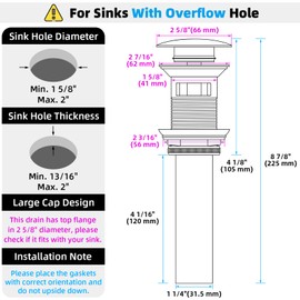 Angle Simple Bathroom Sink Drain with Overflow, Brass Pop Up Sink Stopper for Sink with 1.61 to 2 Inches Drain Hole, Oil-Rubbed Bronze