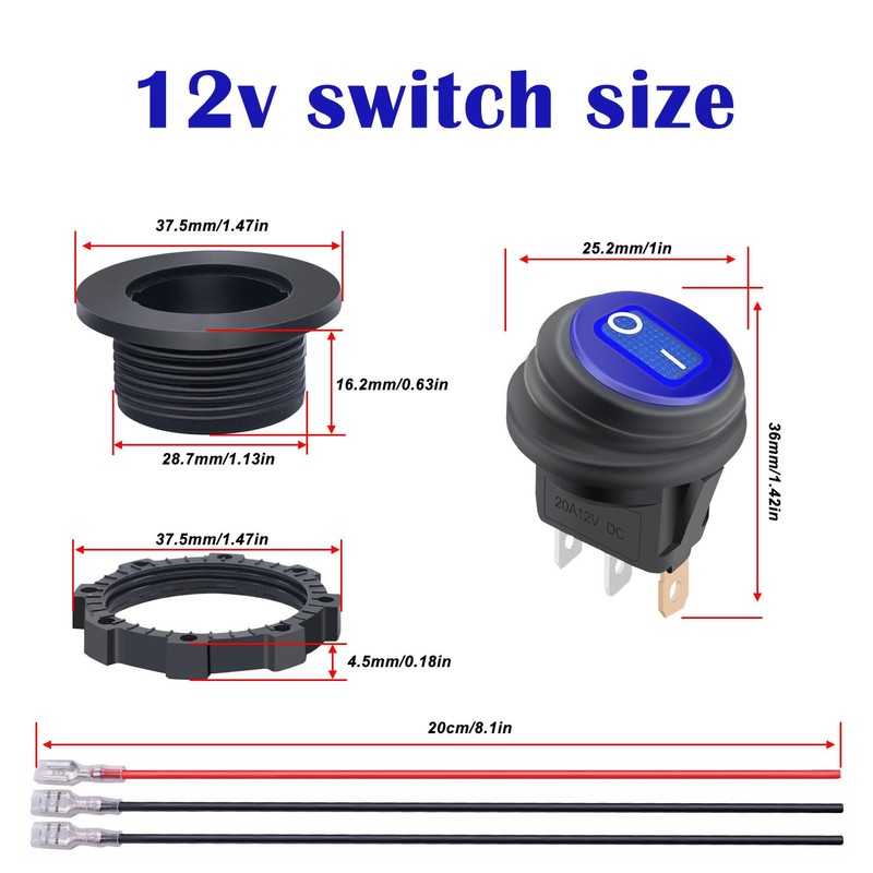 weideer 12V Round Rocker Switch Waterproof with Shell Blue LED