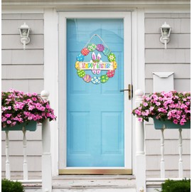 Easter Decoration Wooden Door Wreath for Front Door Sign Cute Bunny Happy Easter Eggs Wooden Door Hanger Bunny Flower Eggs Welcome Hanging Sign for Outdoor Indoor Home Wall Spring Easter Decor