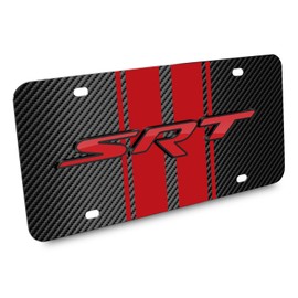 iPick Image for Dodge SRT 3D Logo in Red on Red Stripe Black Carbon Fiber Look Stainless Steel License Plate for Decorative