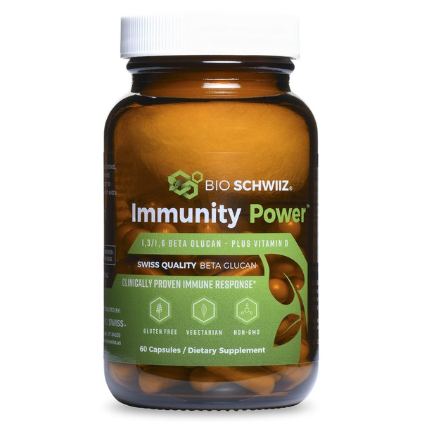Bio Schwiiz Immunity Power Immune Support - Beta Glucan 1,3/1,6D with Vitamin D - Highest Bioavailability - Extra Strength - 60 Gluten-Free Vegan Capsules (420 mg)