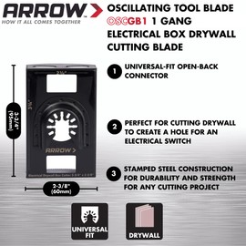 Arrow OSCGB1-1 1 Gang Electrical Box Drywall Cutting Blade for Oscillating Tools, Universal, Fits Most Multitools, Includes Adapter, Makes 2-7/8” by 3-3/4” Hole