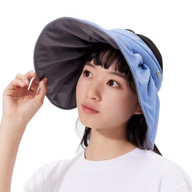Sun Visor Hat for Women Wide Brim Foldable UPF 50+ UV Protection Beach Cap Roll Up Packable Ponytail Shell Hats SLH3M433, Blue&dark Grey, One Size