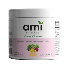 Ami Fitness Glow Greens Powder, Collagen with Probiotics, Vitamins, Digestive Enzymes, Superfoods, Gut Health, Bloating Relief, Radiant Skin, Natural Glow, Spirulina, Juice Mix, 30 SVG, Mango