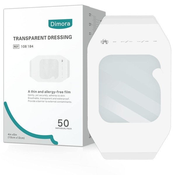 Dimora Transparent Film Dressing 50 Packs, Waterproof Adhesive Clear Bandages 4 in x 4.75 in, Wound Cover for IV Shield, Tattoo Aftercare Bandage(FSA/HSA Approved))