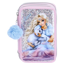 Depesche 11755 TOPModel Ice World Filled 3-Compartment Pencil Case with Faux Fur Pompom, Pencil Case with Coloured Pencils, Ruler, Scissors and much more, black, Retro