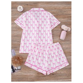 RoseSeek Women's Bow Pajamas Sets Short Sleeve Button Down Pajamas Y2k Preppy Cute PJ Set Sleepwear Pink M