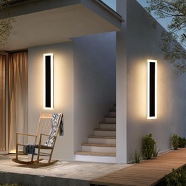 Upgrade Widened 2 Pack Modern LED Wall Sconce, 23.6inch Outdoor Wall Lights, 3000K Warm White, 24W, IP65 Waterproof, Black Long Linear Wall Mount Lighting, Outside Exterior Light for Garage, Patio