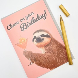 Cute Birthday Card For Men Women - 'Cheers' Cocktail Sloth - Birthday Cards For Boyfriend Girlfriend - Friends Birthday Card - Happy Birthday Card For Husband Wife Brother Sister Colleague Bestie
