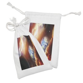 Ambesonne Space Fabric Pouch Set of 2, Dust Cloud Nebula Stars in Solar System Scene with Planet Earth Pluto and Neptune, Small Drawstring Bag for Toiletries Masks and Favors, 9" x 6", Orange Blue