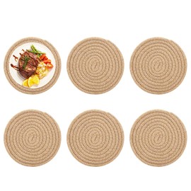 Pyatofyy Round Woven Placemats Set of 6, 7 Inch Jute Placemats Anti-Slip Heat Resistant Mat for Kitchen Dining Table, Yellow