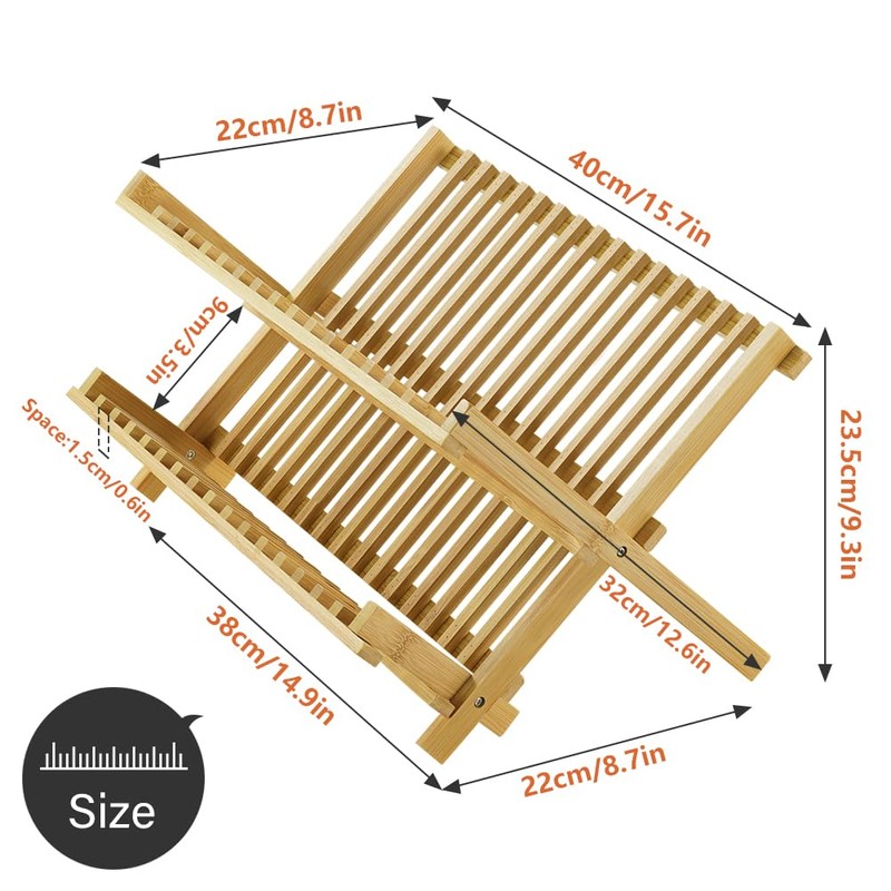 KKTONER Bamboo Dish Drying Rack 2 Tier Foldable Plate Organizer