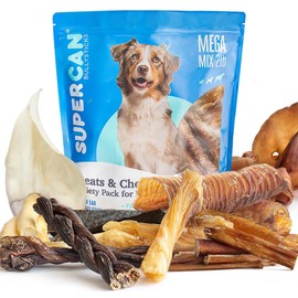 SUPER CAN BULLYSTICKS Mega Mix Natural Dog Chews Variety Pack (2lbs) | Cow Ears, Pig Ears, Trachea, Beef Lung, Liver Dog Treats | Long Lasting Bully & Gullet Sticks