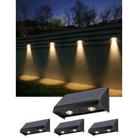 Solar Powered Fence Lights Outdoor Wall Mount LED Decorative Waterproof Yard Lamps for Outside Stair, Rail, Deck, Backyard, House Patio, Pool, Design for Long-Lasting Dusk to Dawn, Warm White 4 Pack