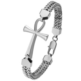 Flongo Mens Ankh Cross Bracelet: Franco Chain Stainless Steel Jewellery Gifts for Valentine's Day Anniversary Christmas