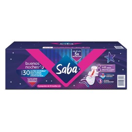 Saba Ultra Invisible Buenas Noches, toallas nocturnas con alas, flujo súper abundante, 30 piezas