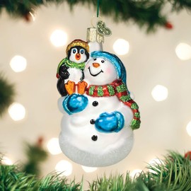 Old World Christmas Pengiun Collection Glass Blown Ornaments, Snowman With Penguin Pal