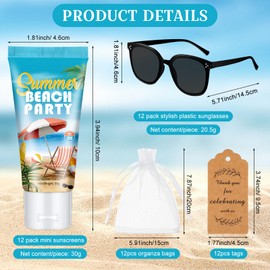 Dansib 12 Sets Mini Sunscreen and Sunglasses Bulk for Summer Wedding Party Spf30 Water Resistant Sunscreen Lotion Bulk 1oz Travel Size for Thank You Gifts Summer Wedding Party Supplies(Beach)