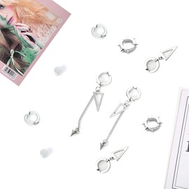 5 Pairs Silver Stainless Steel Non-Piercing Spike Rivet Geometric Triangle Dangle Tassel Clip on Hoop Earrings Set for Women Men, Non Pierced Fake Ear Clip Stud Earrings