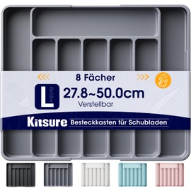 Kitsure Drawer Cutlery Tray - Adjustable Drawer Insert Made of BPA Free Material, Multi-Purpose Drawer Organiser, Kitchen Organiser, Large, Grey, 34.90 x 28.40 x 4.00 cm