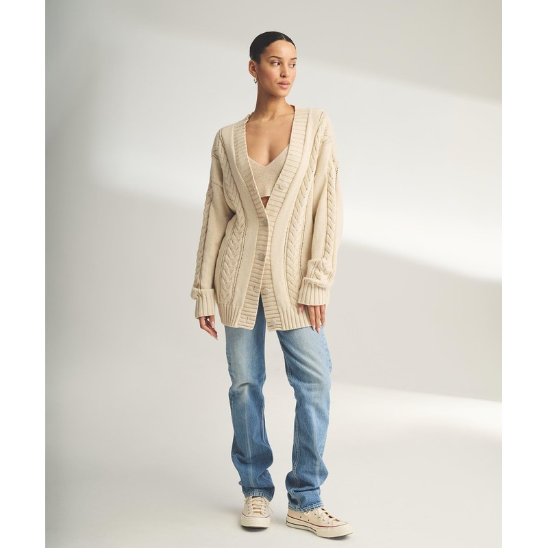 NAADAM Women Cafe Cotton Cashmere Cable Knit Cardigan, Ecru,Medium