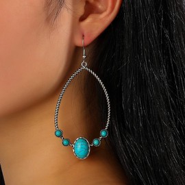Natural Turquoise Dangle Metal Large Oval Earrings Vintage Statement Teardrop Earrings Bohemian Delicate Hoop Earrings for Women-E