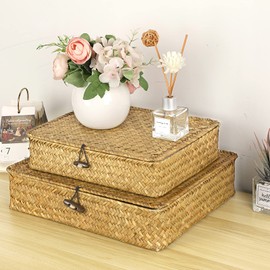 Hipiwe Set of 2 Flat Woven Wicker Storage Bins with Lid Natural Seagrass Caramels