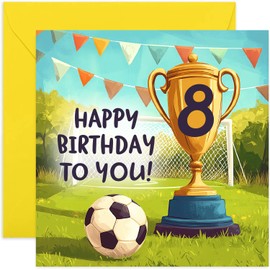 8th Birthday Card for Boy or Girl - Football Birthday Card for 8 Year Old Child - Champion winners Trophy Cup Football Team - Footy Age 8 Birthday Cards for Son Daughter Grandson