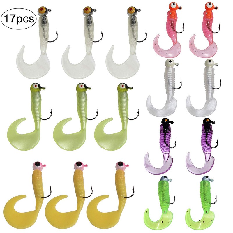 Fishing Jig Head Hooks Soft Grub Plastic Lures Bait, 17pcs