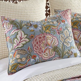 Levtex home - Angelica Quilt Set - Full/Queen Quilt + Two Standard Pillow Shams - Floral - Aqua Taupe Green Blue Orange Pink Grey - Quilt (88x92in.) and Pillow Shams (26x20in.) - Reversible - Cotton