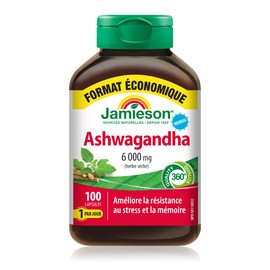 Jamieson Jamieson High-Potency Ashwagandha 6,000 mg, Increases Resistance to Stress, Adaptogen, and Enhances Memory. Non-GMO, Vegetarian, Gluten-Free, Only One Per Day, Value Size, 100 Capsules