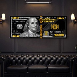 Awesometik" 100 Dollar Bill Money Press Design Canvas Print Art Home. Ready To Hang. Made In USA (Graffiti Black Gold)
