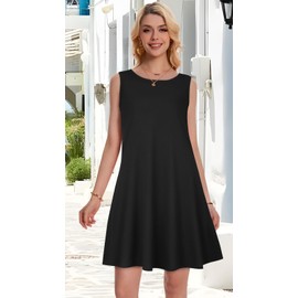 Womens Casual Tank Dresses for Summer Flowy Plus Sleeveless Mini Pocket Sun Dress(Solid Black,XL)