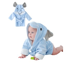 Baby Boys Girls Dressing Gown Viscose Bamboo Bath Robe, Qiuck Dry Bathrobe Soft Towel Robe with Cute Animal Design, Blue Elephant 0-24 Months